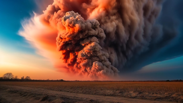 Een enorme wolk wordt over een vlak veld geblazen