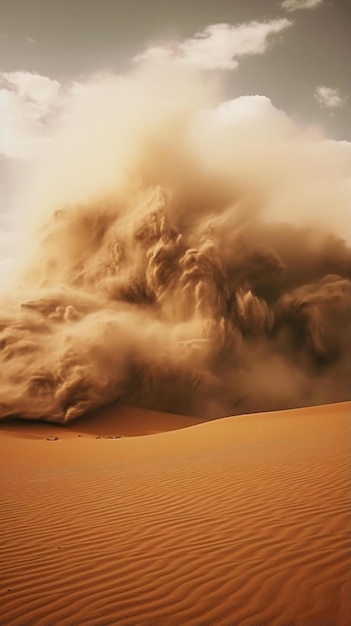 Een enorme zandstorm die het woestijnlandschap overspoelt.