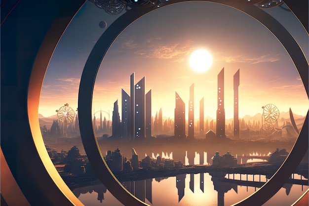 Een enorme zonsverduistering boven een futuristische scifi-illustratie van de stad