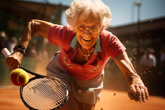 Een enthousiaste oudere dame met een tennisracket achtervolgt enthousiast een tennisbal op de tennisbaan