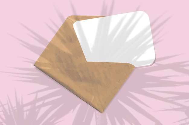 Een envelop met een vel gestructureerd wit papier op een roze achtergrond van de tafel Mockup