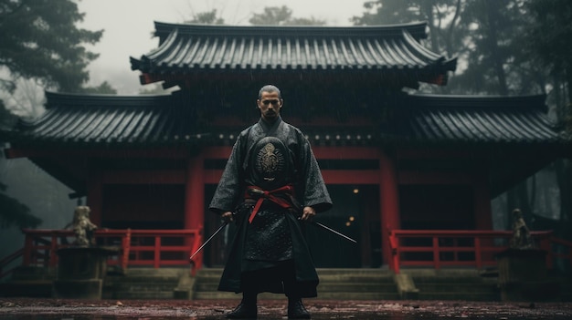 Een epische samurai met een wapen zwaard staan voor een oude Japanse tempel heiligdom regenachtige dag met