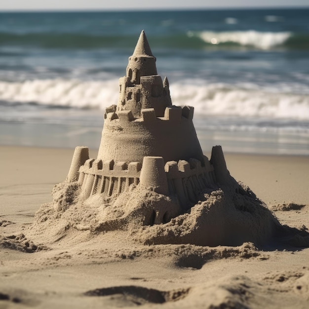 Een eroderend verbazingwekkend zandkasteel op een generatieve AI op het strand