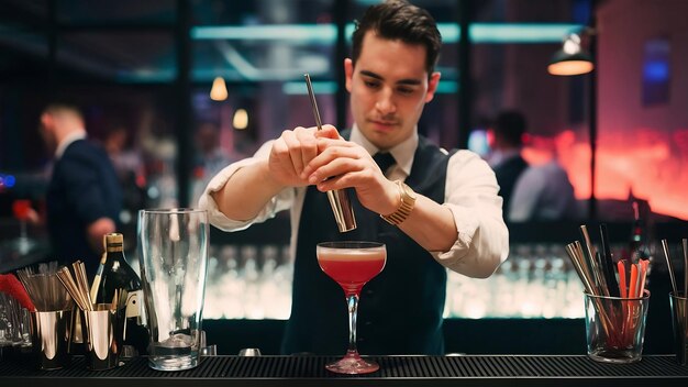 Foto een ervaren barman maakt cocktails in een nachtclub of bar.