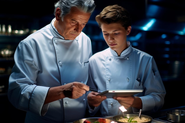 een ervaren chef-kok die een jongere leerling instrueert