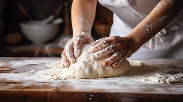 Een ervaren chef-kok in een professionele keuken bereidt deeg met meel voor het koken AI Generatieve AI