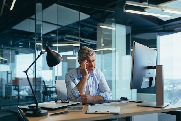 Een ervaren grijsharige zakenman werkt tot laat achter de computer moe heeft ernstige hoofdpijn stress en depressie