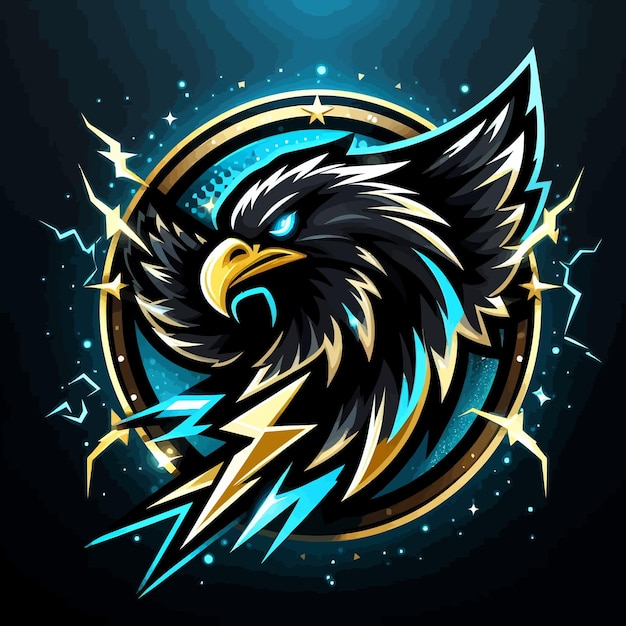 Een esports logo van een zwarte adelaar met glinsterende blauwe en gouden donder
