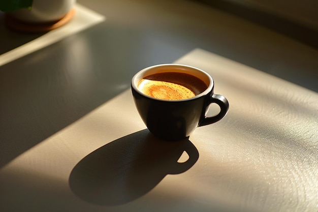 Een espresso-koffiekop in zacht diffuus zonlicht dat door een nabijgelegen raam stroomt