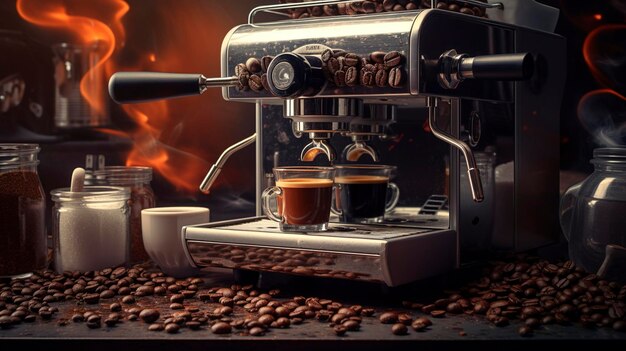 Een espresso-machine met koffiebonen en een vers gebrouwen espresso-shot