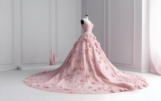 Een etalagepop met een roze jurk tentoongesteld.