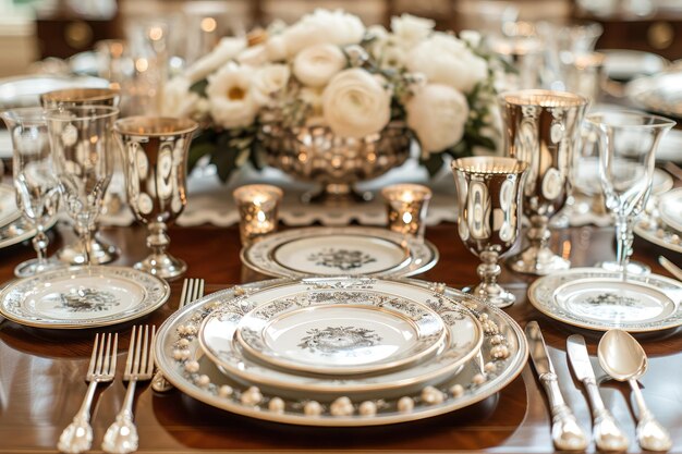 een etenstafel en bestek voor een bruiloft in een luxe hotel reclame voedsel fotografie