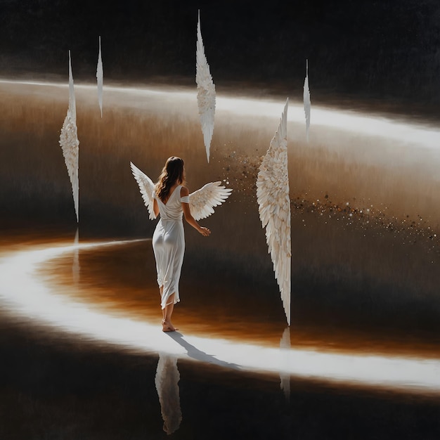 Foto een etherische engel met haar rug gedraaid staat in een uitgestrekte lege witte ruimte een serene stilte