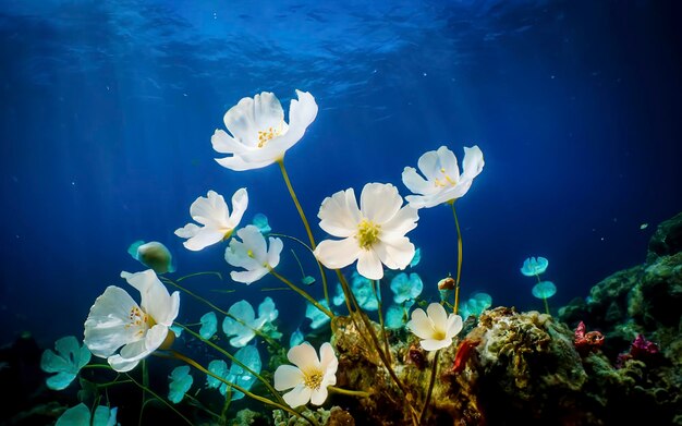 Een etherische onderwater scène met delicate bloemen die drijven te midden van de serene blauwe diepten.