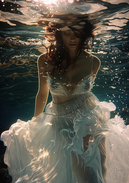 Foto een etherische visie van een vrouw die onder water drijft in een witte jurk.
