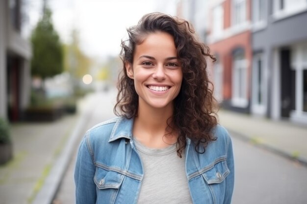 Een Europese blanke jonge vrouw glimlacht naar de camera in de stad.