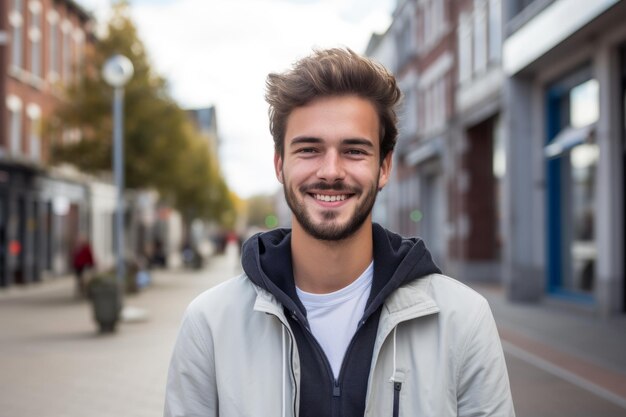 Een Europese blanke jongeman glimlacht naar de camera in de stad.