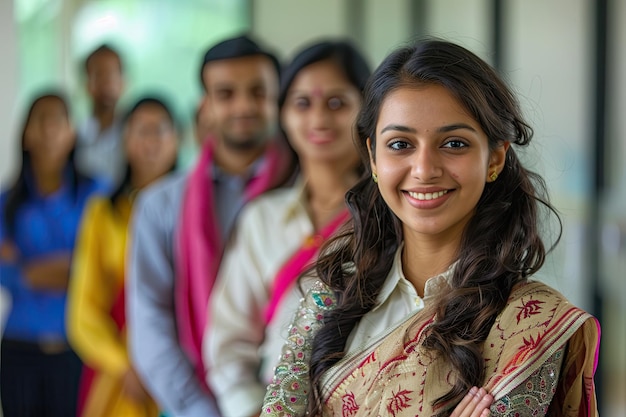 Een evenwichtige Indiase zakenvrouw glimlacht zelfverzekerd in professionele kleding met haar multiculturele team op de achtergrond