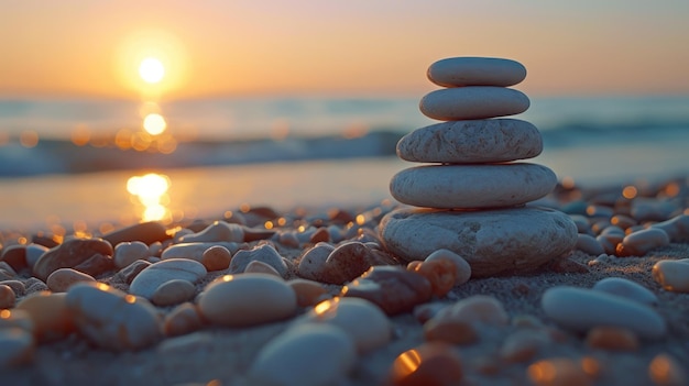 Foto een evenwichtige silhouet van een kiezelpiramide op het strand