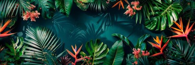 Foto een exotisch tropisch paradijs met exotische bloemen protea's en tropisch gebladerte om een luxe en exotische sfeer te creëren