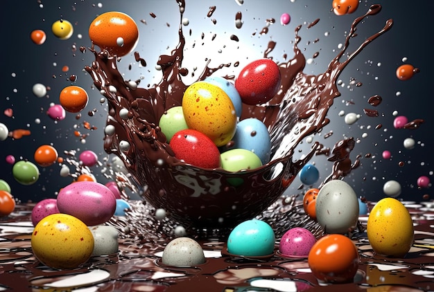 een explosie van chocolade en eieren in de stijl van kleur splash