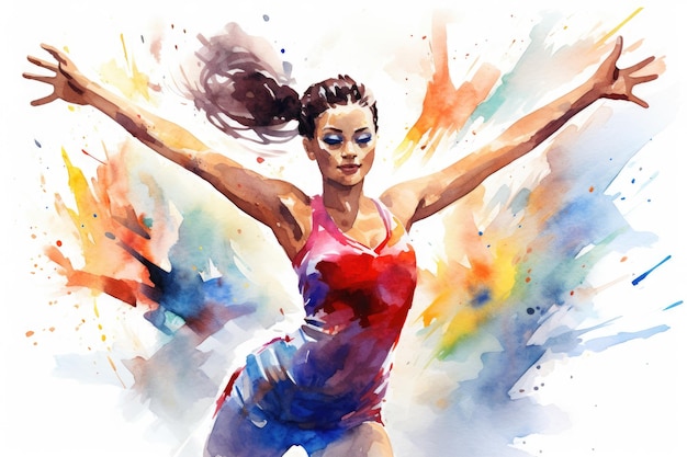 Een expressief schilderij met het beeld van een vrouw die haar armen naar buiten uitstrekt. Aquarelontwerp van een vrouwelijke Olympische turnster AI gegenereerd