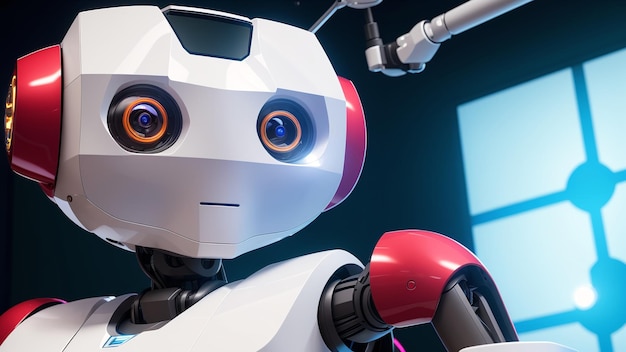 Een expressieve robot met een rode en witte kop en een blauwe achtergrond AI generatieve