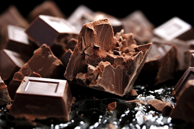 Een extreme close-up van stukjes pure chocolade