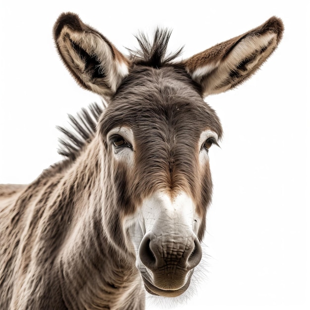 Een ezel met een witte achtergrond en een zwarte neus.