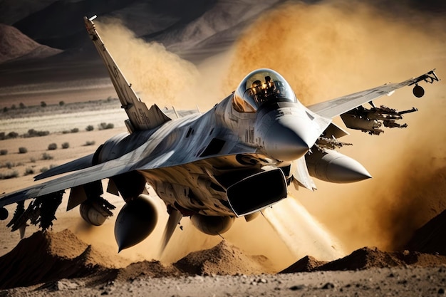 Een F16-jager die over de lucht van een oorlogsgebied vliegt Concept van gevechtsvliegtuigen