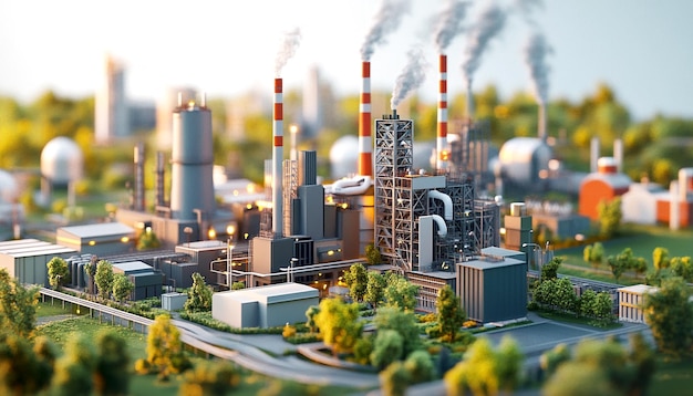 Een fabriek met een elektriciteitscentrale en een groene fabriek op de achtergrond