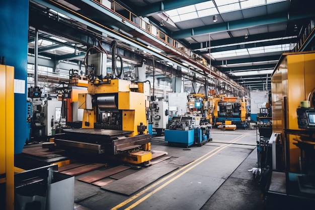 een fabriek met een gele en blauwe machine erin