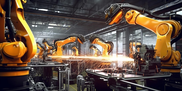 Een fabriek met een robot voorop en een man achteraan