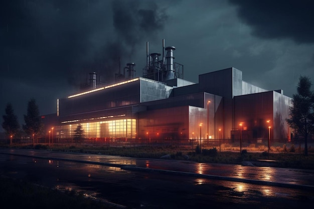 Foto een fabriek met rook die's nachts eruit komt