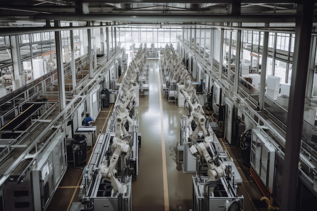 Een fabriek met tientallen robotarmen die producten assembleren op verschillende assemblagelijnen