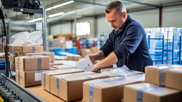 Een fabrieksarbeider maakt retourpakketlabels voor verpakkingsdozen in een logistieke magazijnfabriek