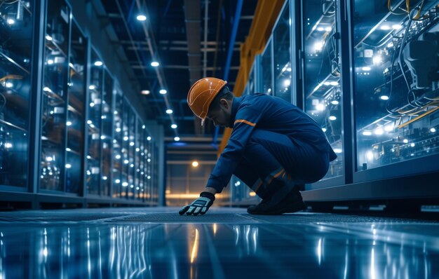 een fabrieksarbeider met een harde hoed en ingenieur op de vloer