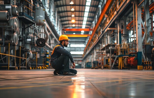 een fabrieksarbeider met een harde hoed en ingenieur op de vloer