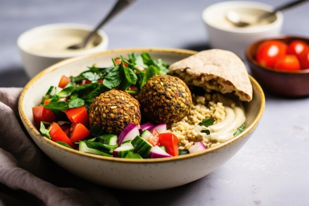 Een falafelkom met tahinidressing naast een kom hummus