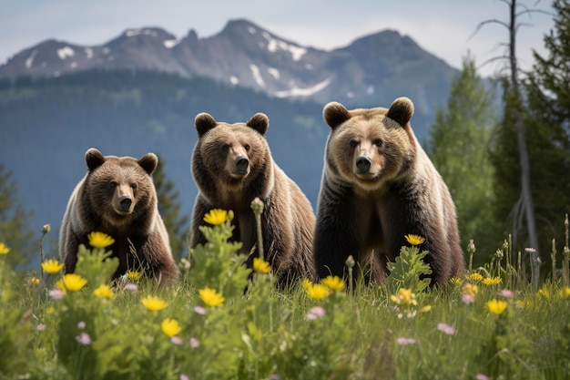 Foto een familie beren die speelt in een veld van wilde bloemen met een bergketen op de achtergrond genereert ai