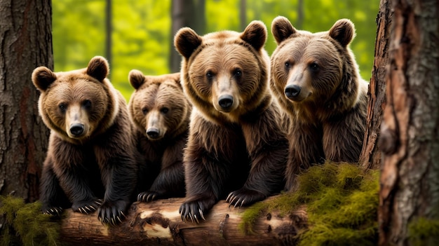 Een familie beren staat op een omgevallen boom in het bos.