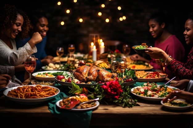 Een familie die dineert in een restaurant met een kalkoen op tafel.