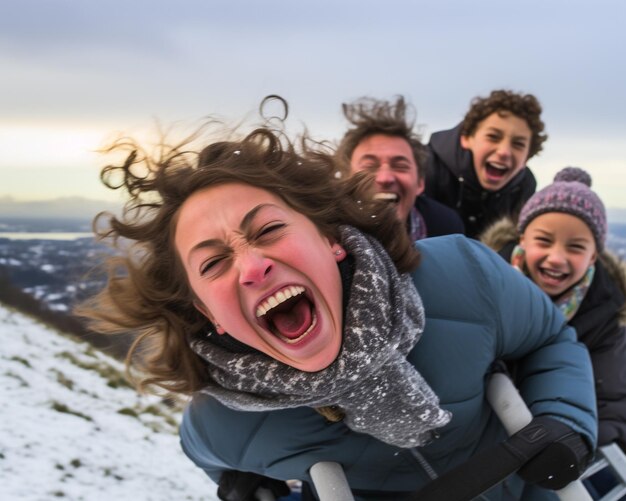 Een familie die een heuvel af sleet op kerstavond fotorealistische afbeelding van kerstmis