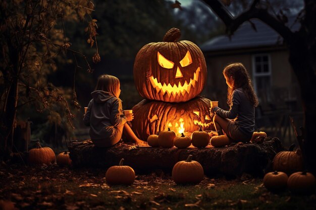 Een familie die jackolanterns snijdt en appels over een vuurput roostert