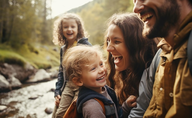 Foto een familie die lacht en gelukkig wandelt naast een beek