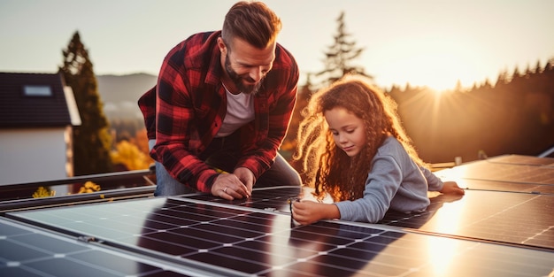 een familie die samen zonnepanelen installeert. Gemaakt met generatieve AI-technologie