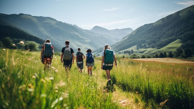 Foto een familie en een groep vrienden wandelen samen in de bergen generative ai