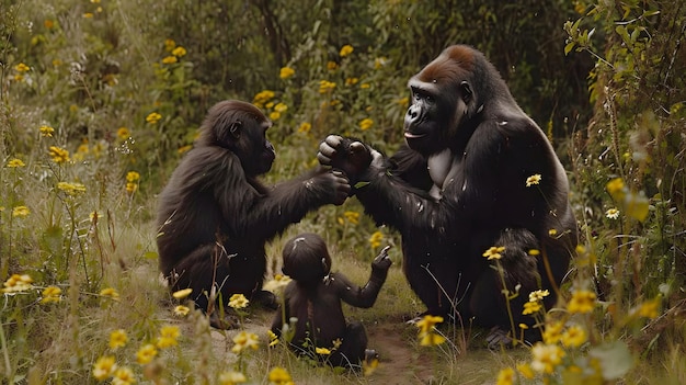 Foto een familie gorilla's die vreedzaam met elkaar omgaan in hun natuurlijke habitat, wat hun sterke soc benadrukt