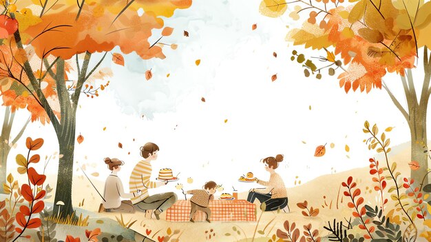 Een familie heeft een picknick in de herfst de bladeren op de bomen worden bruin en oranje en de familie draagt warme kleren