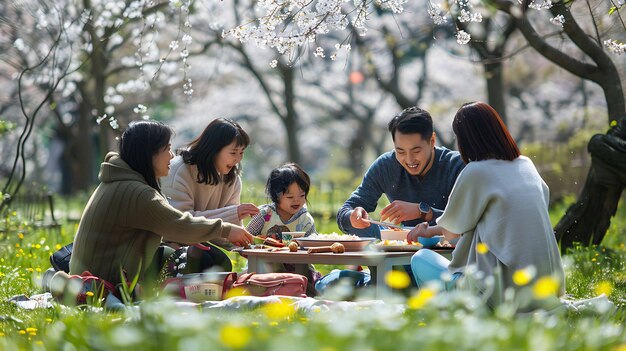 Een familie heeft een picknick in een park. Ze zitten op een deken en eten eten uit een mand.